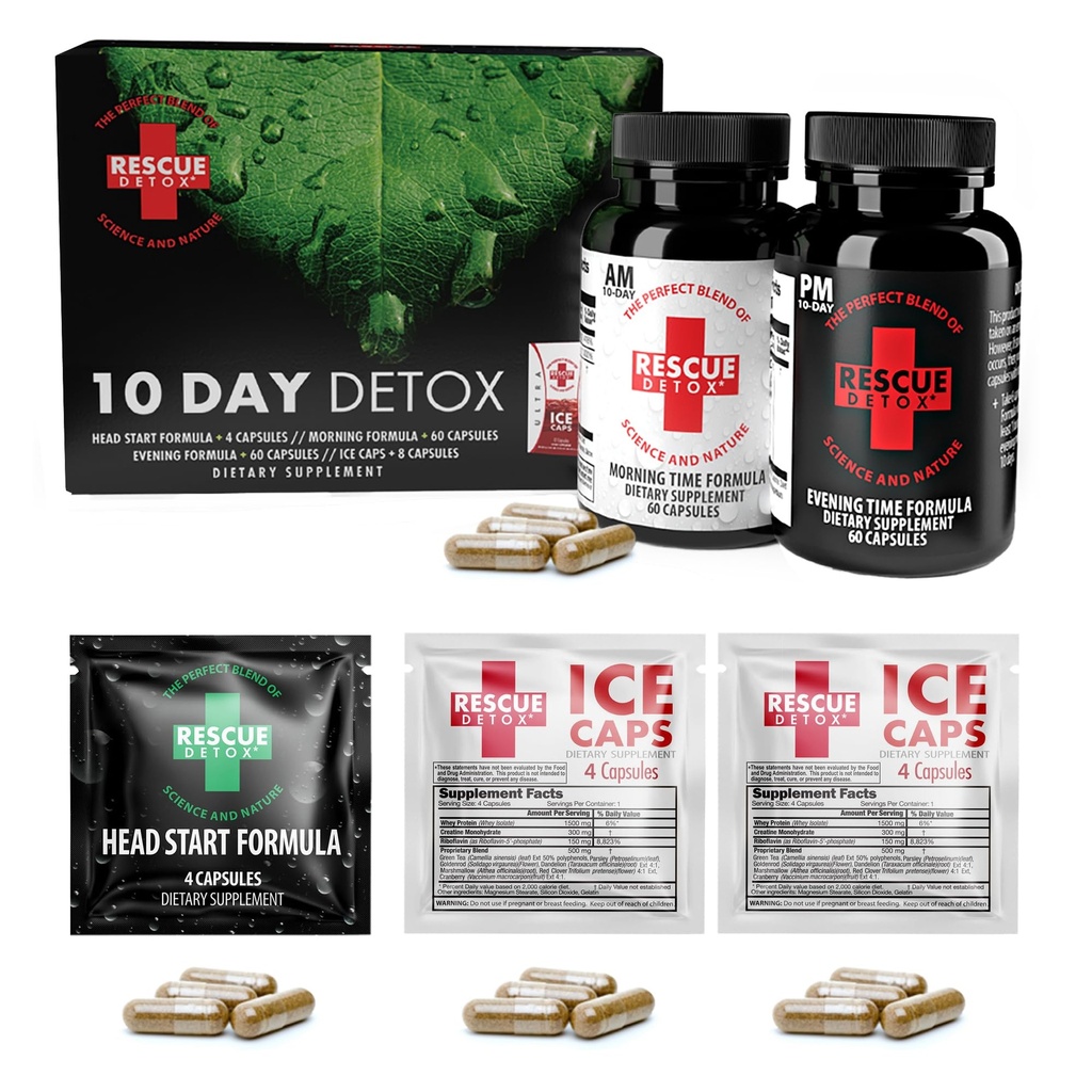 Rädda Detox 10 Day Permanent Detox Kit - 132ct Capsules | Omfattande Full Body Cleanse med Bonus Instant ICE Caps