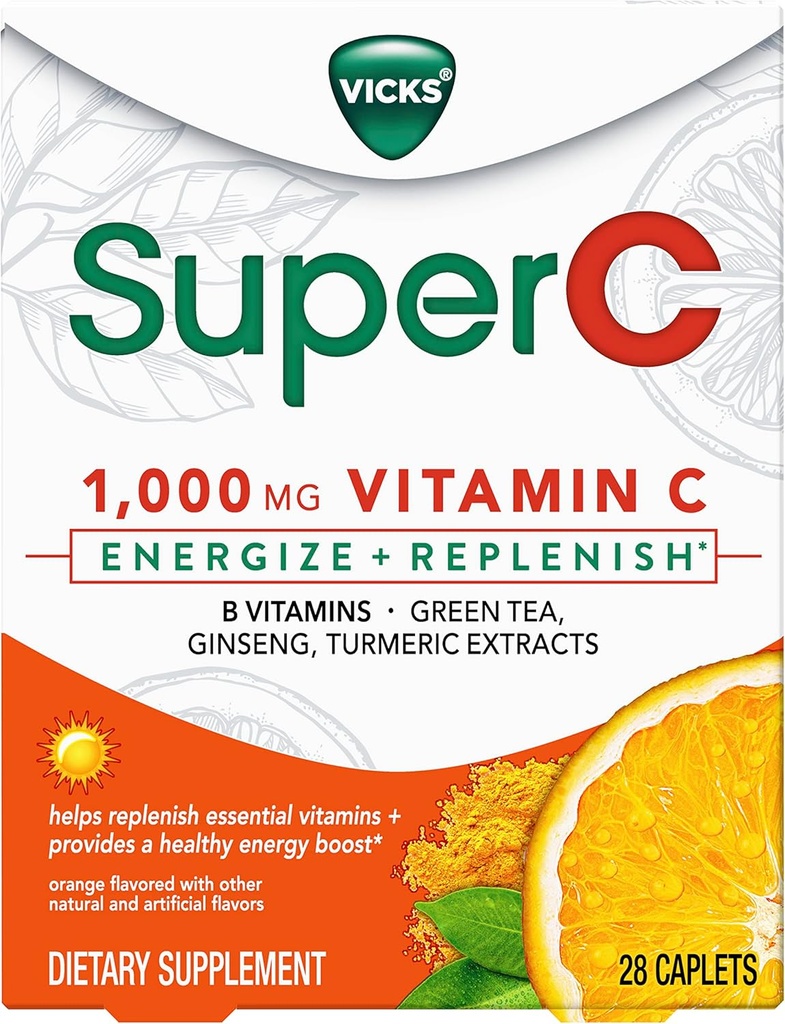 Vicks Super C Energize + Replenish Daytime Dietary Supplement med vitamin C, B Vitaminer, Grönt te, Ginseng och gurkmeja Extrakt för att hjälpa till att fylla på viktiga vitaminer *, 28 Caplets