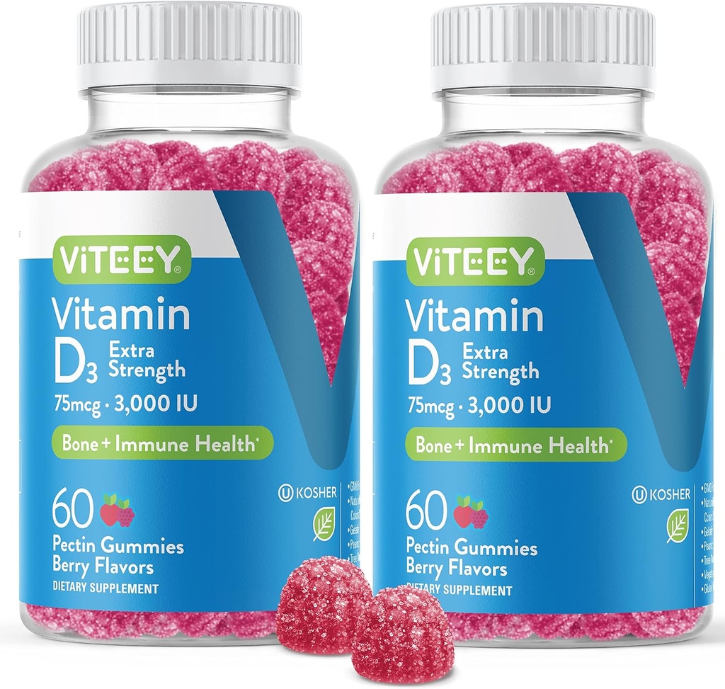 Vitamin D3 Gummies för vuxna och tonåringar - 3 000 IE, 75mcg, extra styrka - Joint & Muscle Health, Immune Boost - Chewable Vitamin D Gummies - Vegetarian, Gelatin Free - Tasty Berry Flavored Gummy