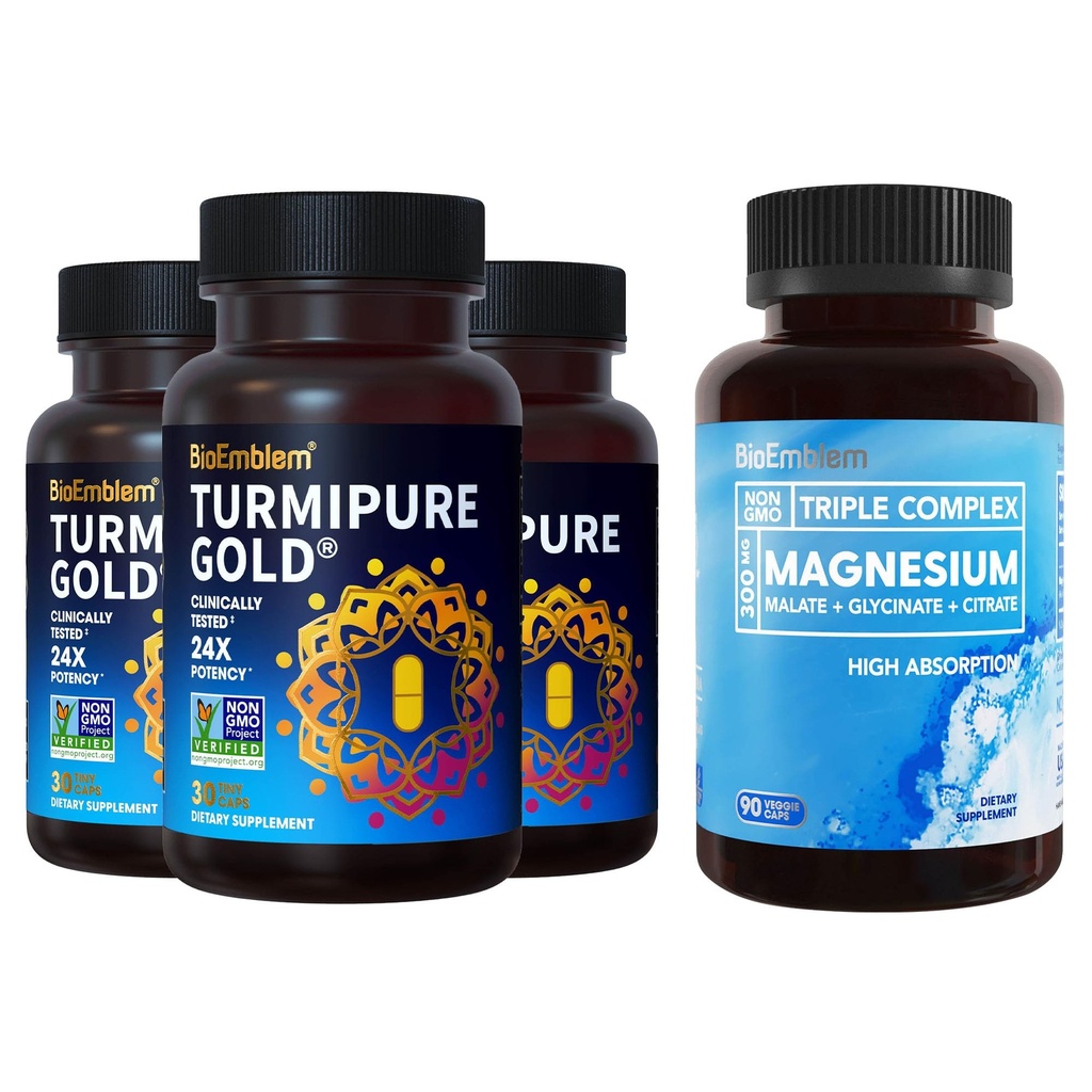 BioEmblem Triple Magnesium Komplex och BioEmblem Turmeric Curcumin med kliniskt Studied TurmiPure - Gemensamt stöd, Hälsosam Inflammation Turmeriska Kosttillskott