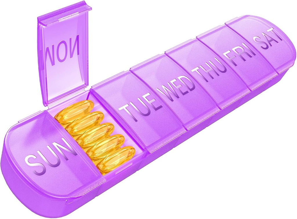 Weekly Pill Organizer 1 gång om dagen, Travel Pill Box 7 Day Extra stora delar Vitamin Holder, Daily Pill Container 7day XL Medicine Dispenser för fiskoljefall (Purple)