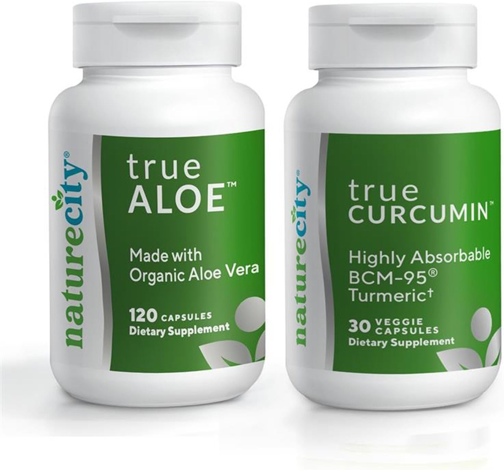 NatureCity Joint Support Bundle| True-Aloe Made with Organic AloeVera, 120 Capsules + True-Curcumin med 500mg av mycket absorberbar BCM-95 Curcumin + Turmeric Essential Oil, 30 kapslar
