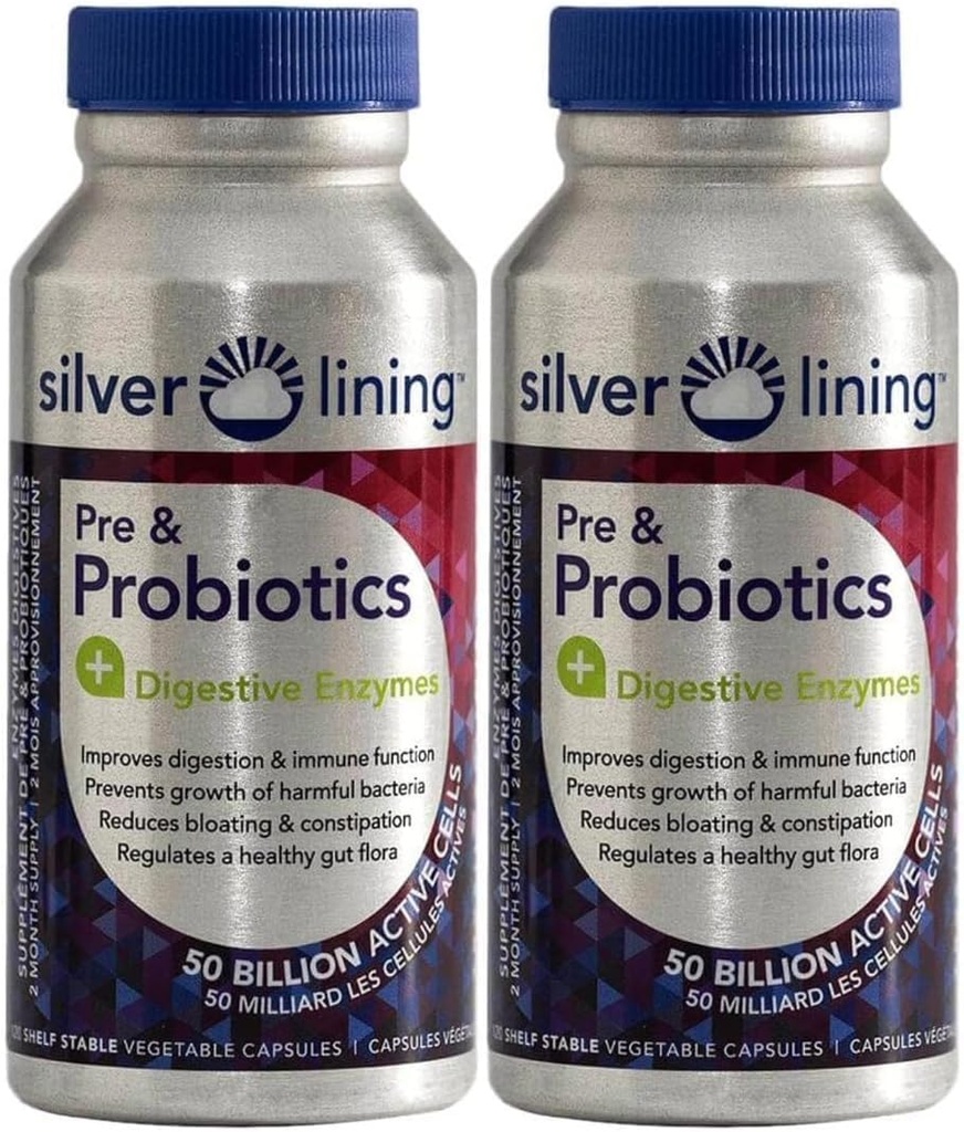 Silver Lining Pre & Probiotics + Digestive Enzymes | 50 miljarder CFU / Aktiva celler | Digestive & Immune Function Support, minskar uppblåst | Shelf-Stable Formel | 240 greve ( 2)
