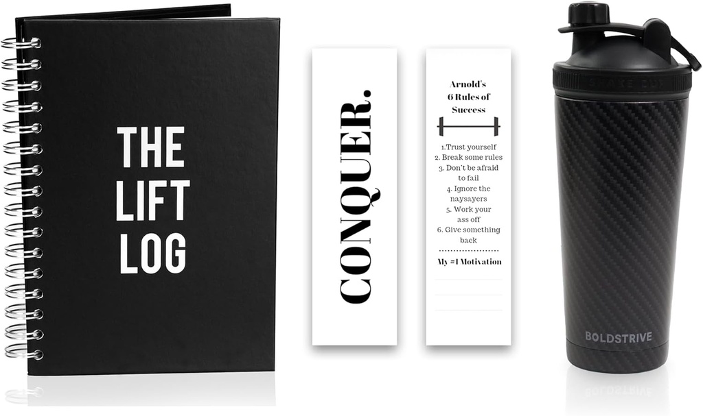 Rostfritt stål Protein Shaker Bottle, isolerad vattenflaska med Black Carbon Fiber Wrap & Workout Journal med Bookmark - 6 månaders odated Daily Fitness Journal