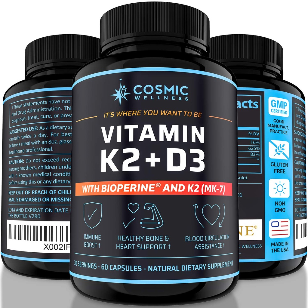 K2 D3 Vitamin Supplement 5000 Iu - för friskare ben, blod, hjärta och bättre immunitet - Förbättrad kalciumabsorption med bioperin - 100% naturlig och allergenfri - vitamin D3 K2 Mk7 5000 Iu