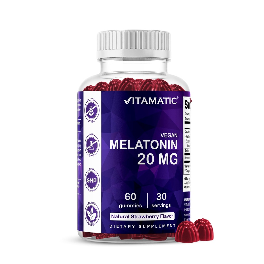 Vitamatic Melatonin 20mg Gummies för vuxna, 30 portioner - 60 greve - Icke-Habit Forming Supplement