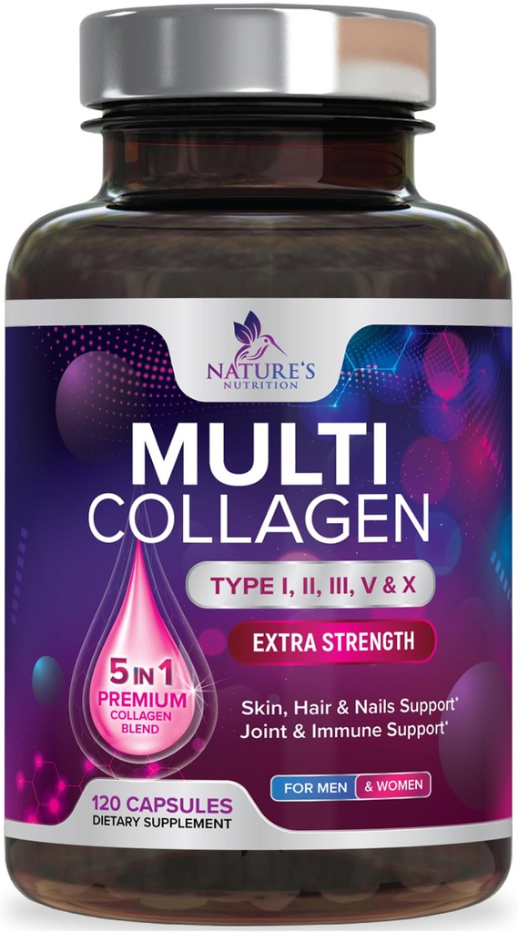 Multi Collagen Pills - Multi Collagen Complex 2400 mg Per Serving - Types I, II, III, V, X - Hydrolyzed Collagen Peptides Supplement - Hair, Skin & Nail Support - Bottled in the USA - 120 Capsules
