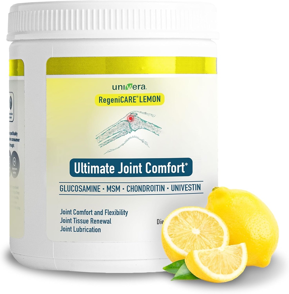 Univera RegeniCARE Canister, Glukosamin, Chondroitin, MSM, Univestin, Återställer brosk, stöder gemensam komfort + rörlighet + flexibilitet, 30-dagars leverans (Lemon Flavor)