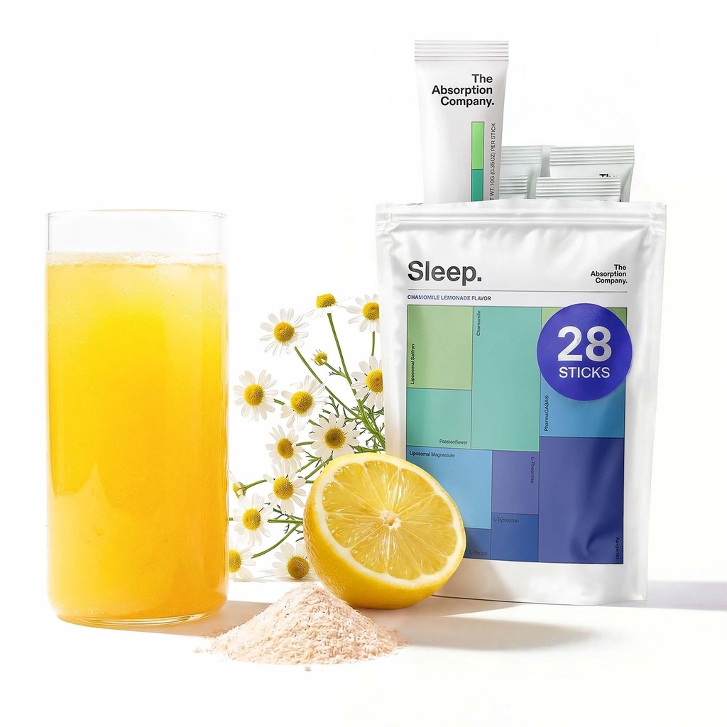 Sleep Aid Powder - Kalmning Drink för djup sömn med Liposomal Saffron, Magnesium & PharmaGABA Melatonin-Free Natural Supplement för att minska stress och förbättra sömnkvalitet Chamomile Lemonade 28 Sticks