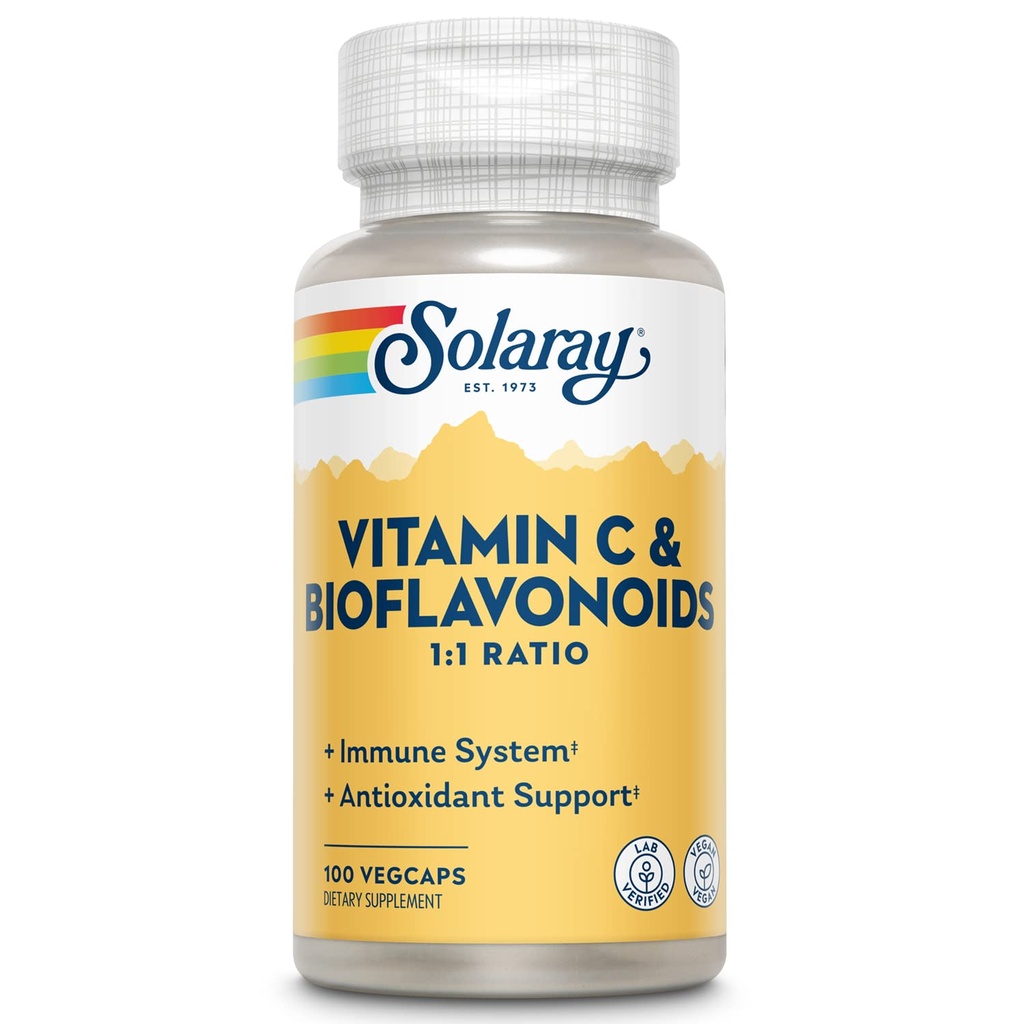 SOLARAY Vitamin C 500mg med Citrus Bioflavonoider, 1:1 Ratio - Antioxidant och Immune Support Supplement - Vitamin c med Rose HIPS och Acerola, Vegan, 60-Day garanti, 50 portioner, 100 VegCaps