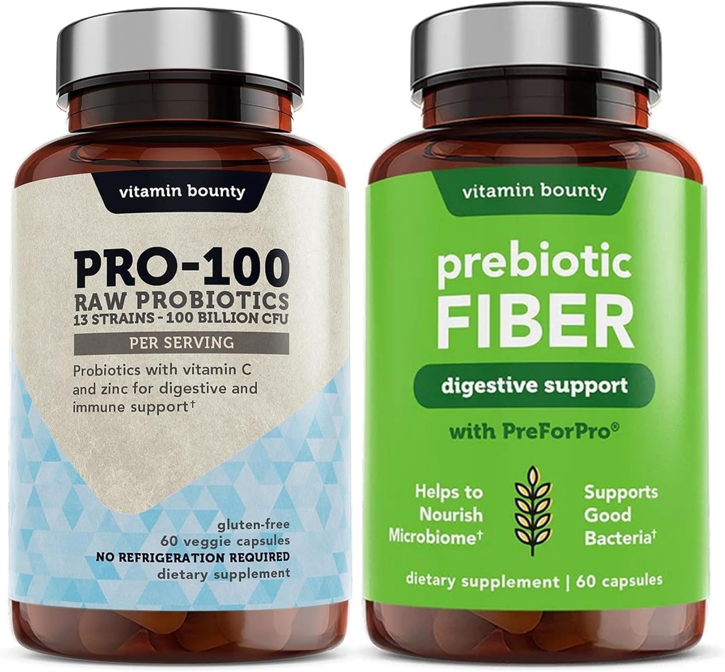 Vitamin Bounty Pro-100 Probiotics & Prebiotic Fiber Bundle: Ultimate Gut Health Support with 13 Strains, 100 Billion CFUs, Zinc & Vitamin C, Delayed Release Capsules - 90 Capsules