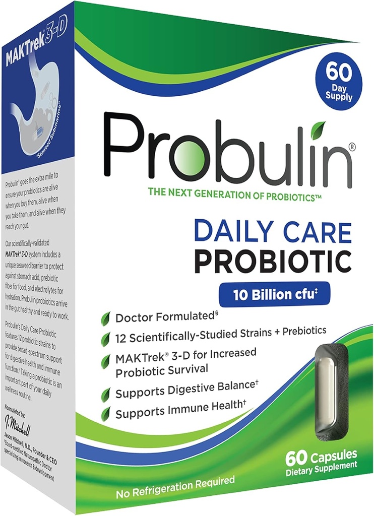 Probulin Daily Care Probiotic Supplement, Digestive, Gut och Immune Health Support Capsules for Men and Women, 10 Billion CFU, Vegan, 60 Count Box