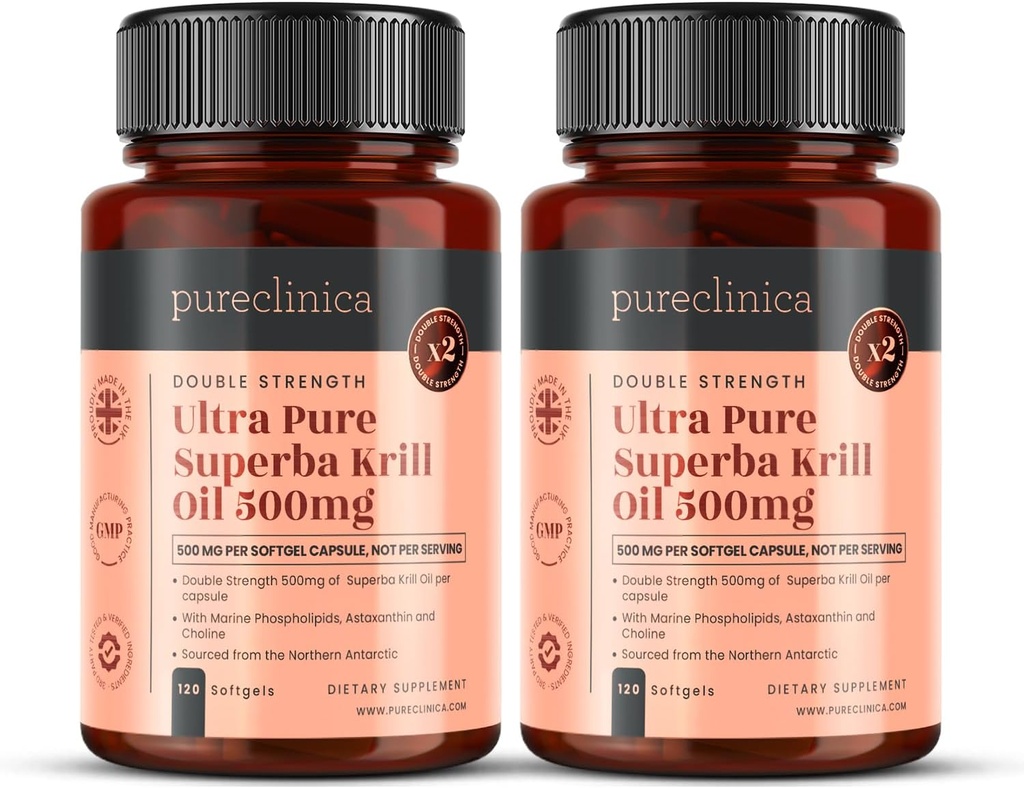 Ultra Pure Krill Oil 500mg x 240 kapslar (2 flaskor) - Sourced in The Unpolluted Waters of Antarctic Providing a Rich Supply of Astaxanthin, Omega 3 och vitamin D