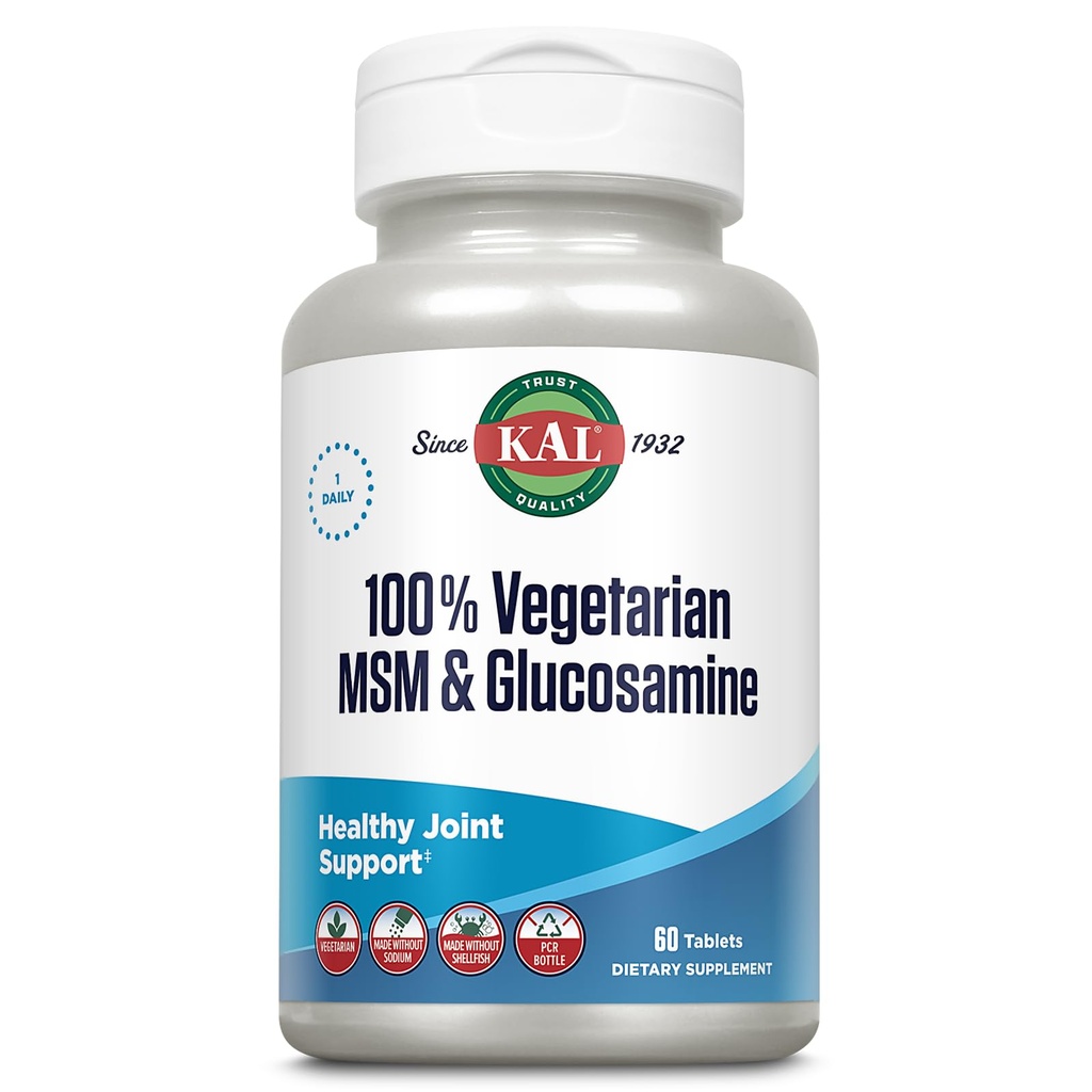 KAL 100% Vegetarisk MSM & Glukosamin - Hälsosamt gemensamt stöd - Vegan Glukosamin och MSM Supplement - Gjord utan Shellfish - Lab Verified - 60-dagars garanti - 60 portioner, 60 tabletter