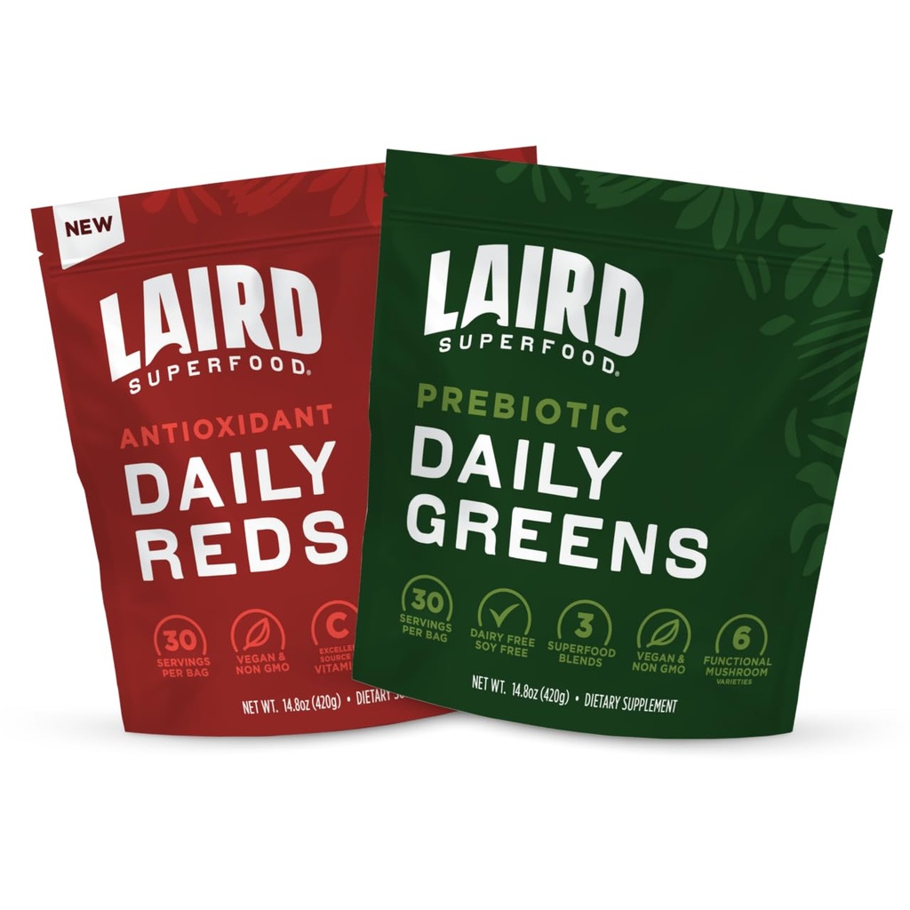 Laird Superfood Reds & Greens Bundle, Prebiotic Daily Greens och Antioxident Daily Reds Powder, 14.8oz