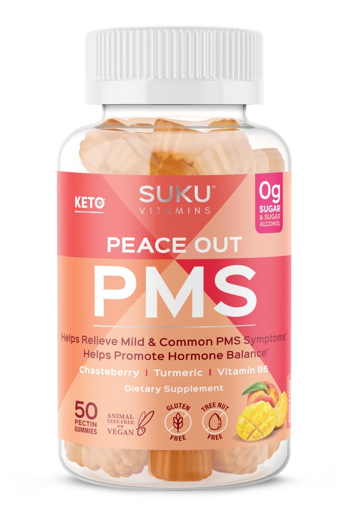 SUKU Vitamins - PMS Gummy Supplement med Chasteberry för att lindra PMS och klimakteriet Peach Mango Gummies (50 greve)