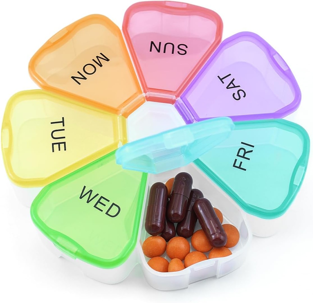 Quacc Cute Weekly Pill Organizer Travel 7 Day Portable Round Floral Pill Case Box Pill Container Medcine Holder för Large Vitamin Fish Oil Pill Medication Supplement Storage - Rainbow