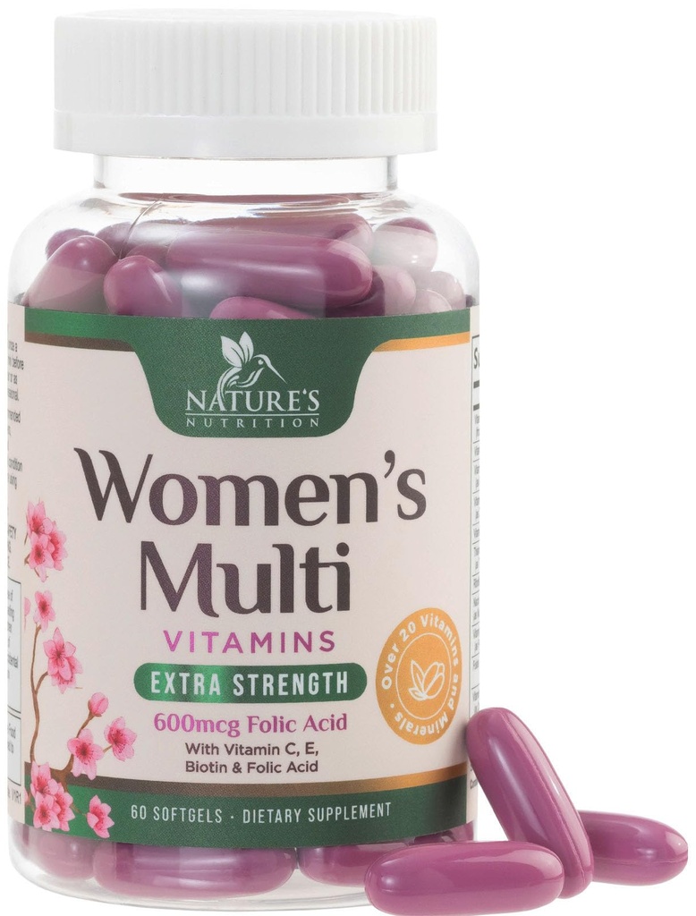 Multivitamin för kvinnor med kalcium, folsyra, vitamin A, C, D, E och B-vitaminer, zink, järn för ben, hud och immunhälsa, naturens dagliga kvinnor multivitaminer för energi - 60 Softgels