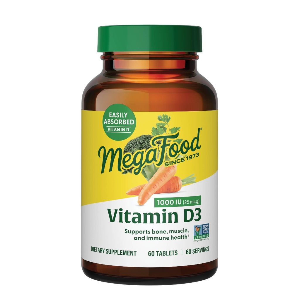 MegaFood Vitamin D3 1000 IE (25 mcg) - Vitamin D Supplements with Real Food, Immune Support, Supports Bones, Teeth & Muscles, Vegetarian, Gluten-Free, Non-GMO, Kosher - 60 tabletter, 60 portioner