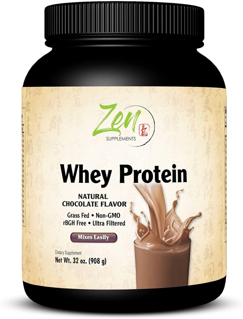 Zen Supplements - Organic Grass Fed Whey Protein 19g Per Serving Keto Friendly - Choklad 32 Oz-Powder