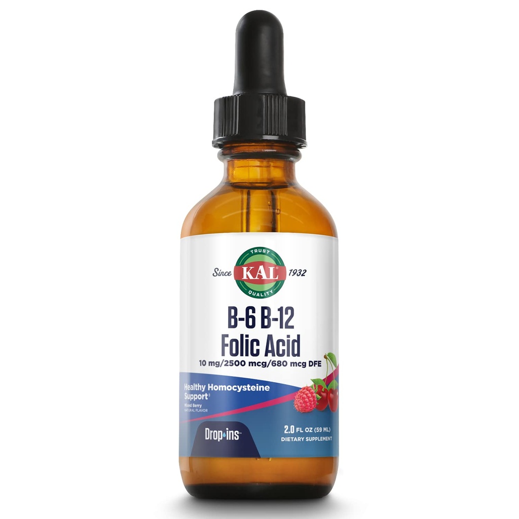 KAL Vitamin B-6 B-12 Folic Acid DropIns, Liquid Vitamin B Supplement Drops, Heart Health, Energy, Red Blood Cell Support med Methyl B12 och Methyl Folate, Natural Mixed Berry Flavor, 59 Servings, 2oz