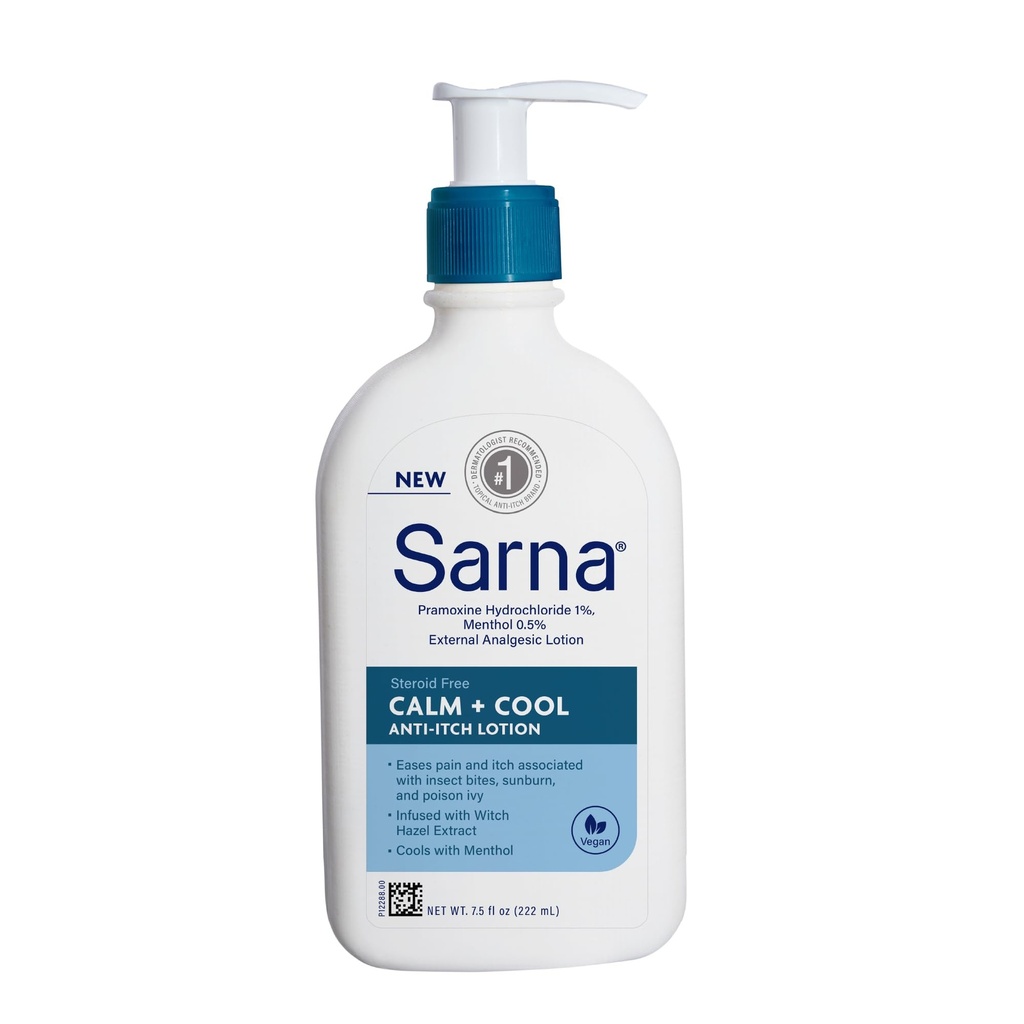 Sarna Calm + Cool Anti-Itch Lotion, Soothe och Relieve Pain och Itch från Insect Bites, Sunburn, & Poison Ivy, Innehåller 1% Pramoxine Hydrochloride, 0,5% Menthol, Vegan, Steroid-Free, 7,5oz