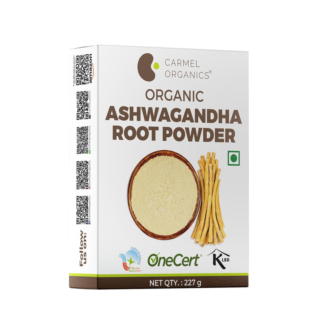 CARMEL ORGANICS Organic Ashwagandha Root Powder (8 Oz eller 227g/0,5 Lbs) USDA Certified. Lab Tested, Non GMO & Gluten Free | Withania Somnifera från Indien