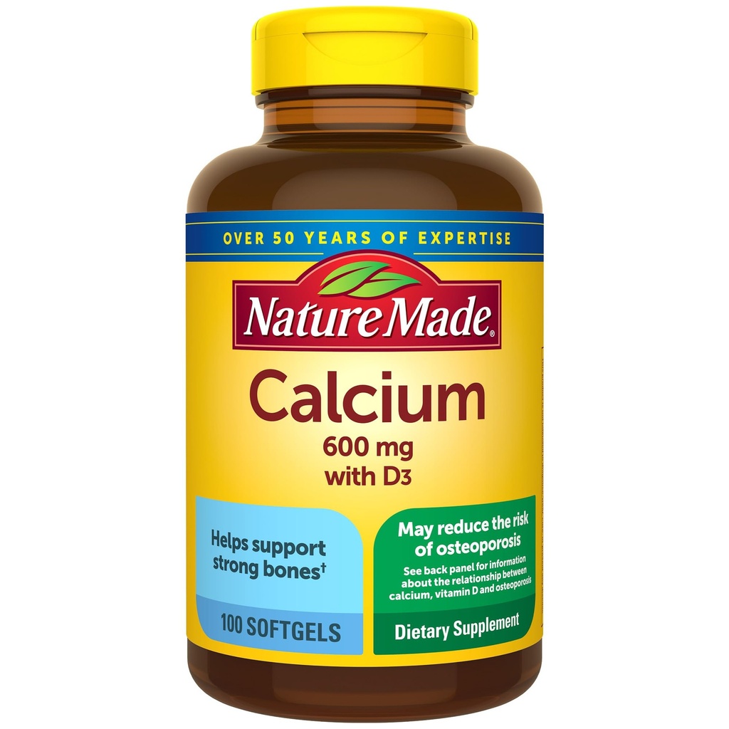 Nature Made Calcium 600 mg med vitamin D3, Kosttillskott för benstöd, 100 Softgels