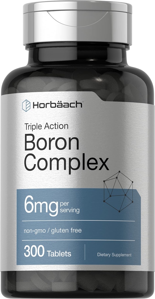 Horbäach Triple Boron Complex 6 mg Supplement | 300 Tablets | for Men and Women | Vegetarian, Non-GMO & Gluten Free | Triple Action Boron Citrate, Boron Glycinate, Boron Asparate