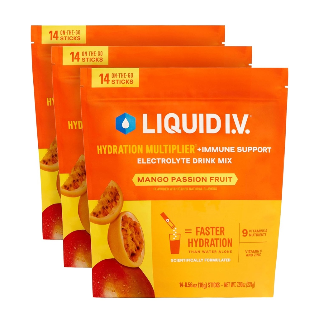 Flytande I.V.® Hydration Multiplier + Immune Support - Mango Passionfrukt | Electrolyte Powder Drink Mix | 3 Pack (42 portioner)