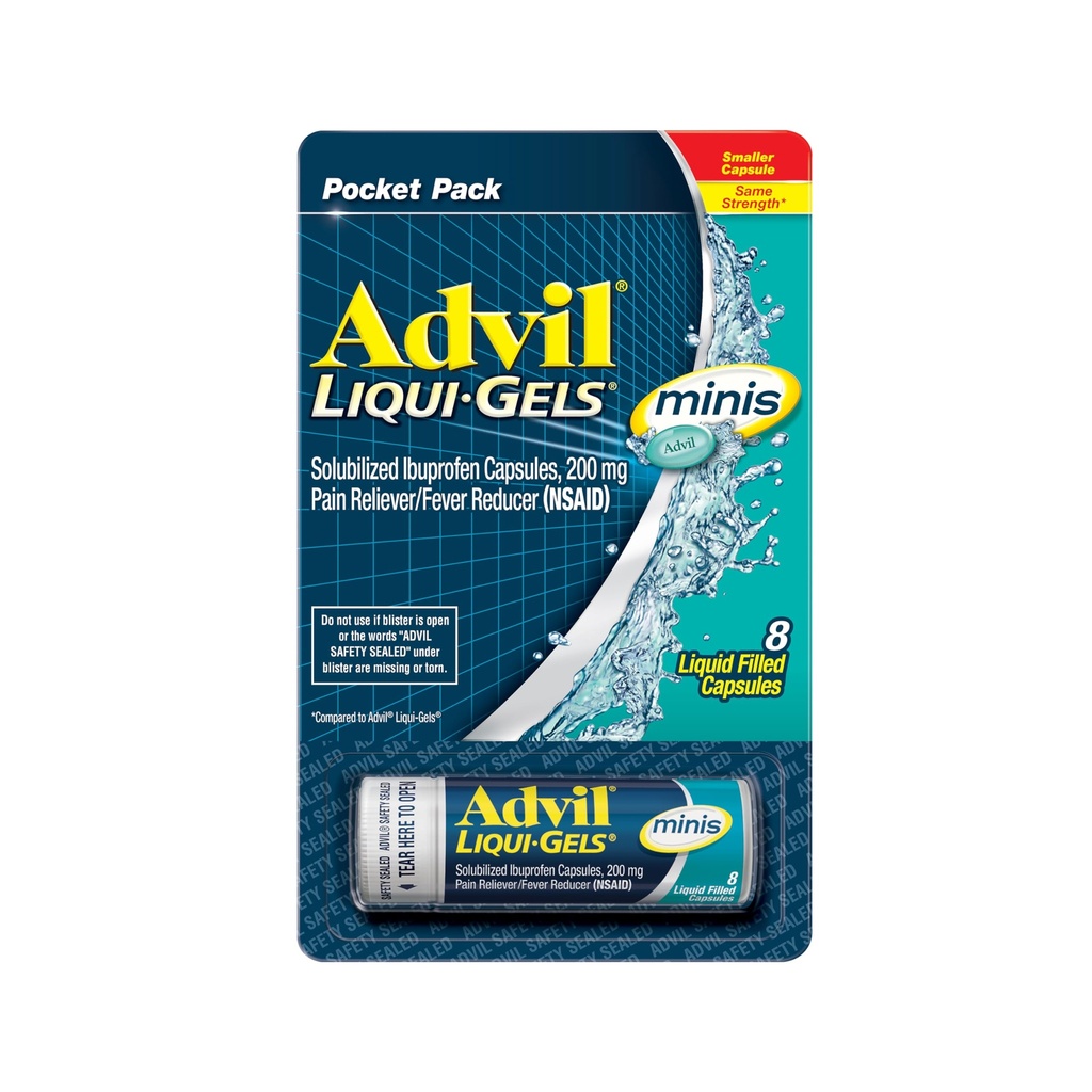 Advil Liqui-Gels minis Smärta Reliever och Fever Reducer, Smärtmedicin för vuxna med Ibuprofen 200mg för smärtlindring - 8 flytande fyllda kapslar