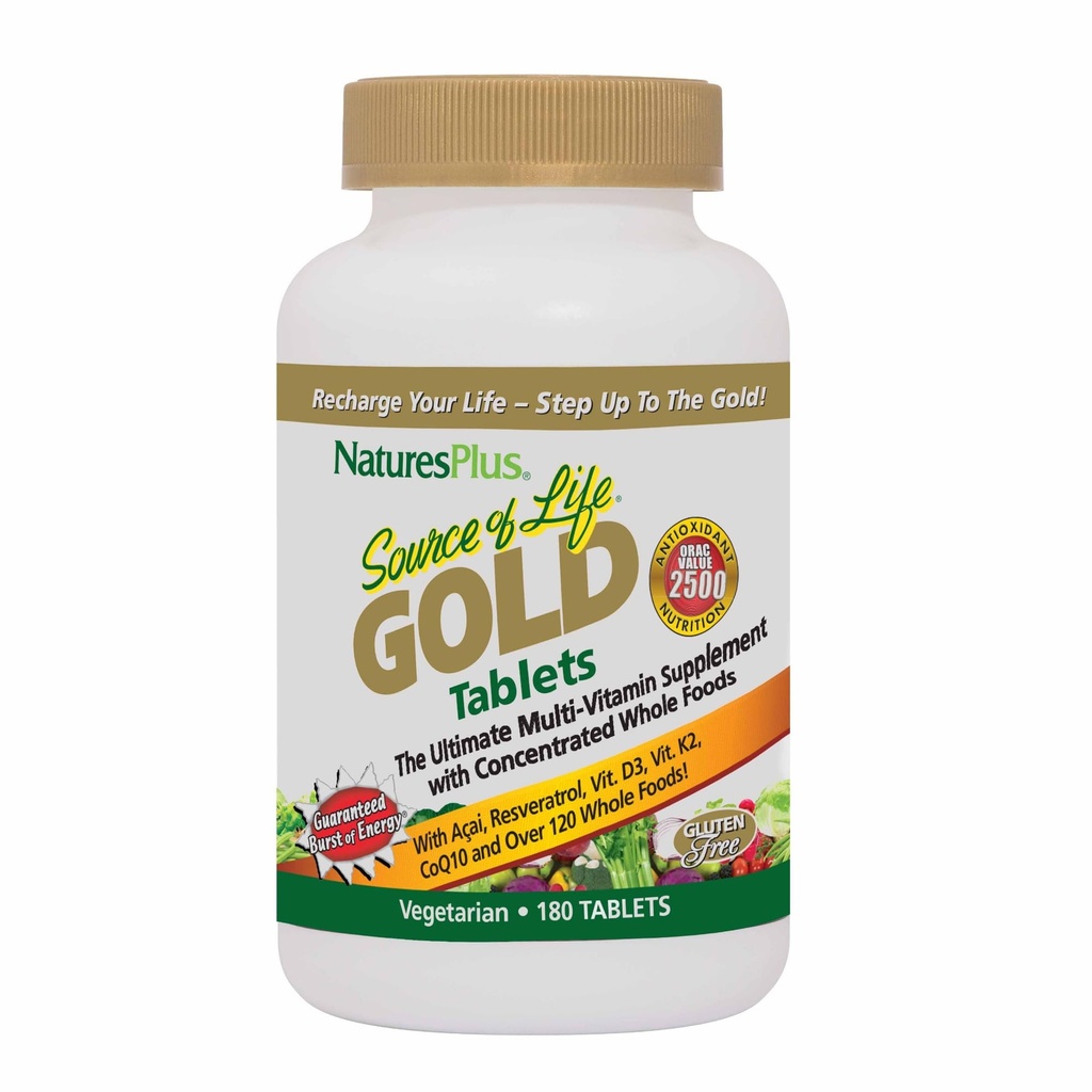 Natures Plus Source of Life Gold Multivitamin - 180 tabletter - Blodsupport, Bensupport, Hälsosamt immunsystem - Inkluderar vitaminer D3, B12, K2 & Över 120 Whole Food Nutrients - 60 portioner