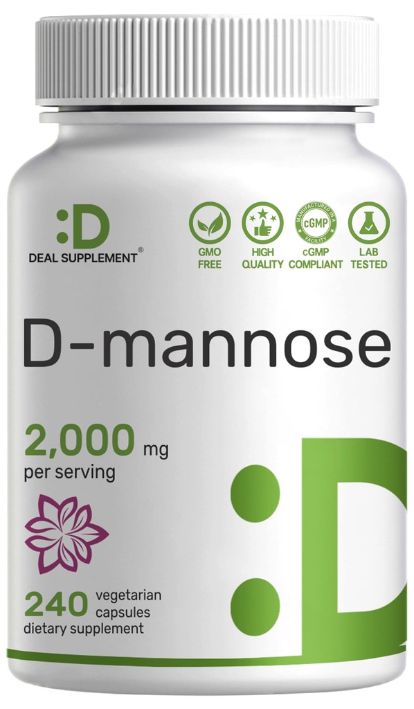 DEAL SUPPLEMENT D Mannose 500mg Capsules (2 000 mg per portion), 240 Veggie piller - Fast Acting Water-Soluble Form - Extra Strength Urinary Tract (UTI) Health Support - Non-GMO, Vegan Friendly