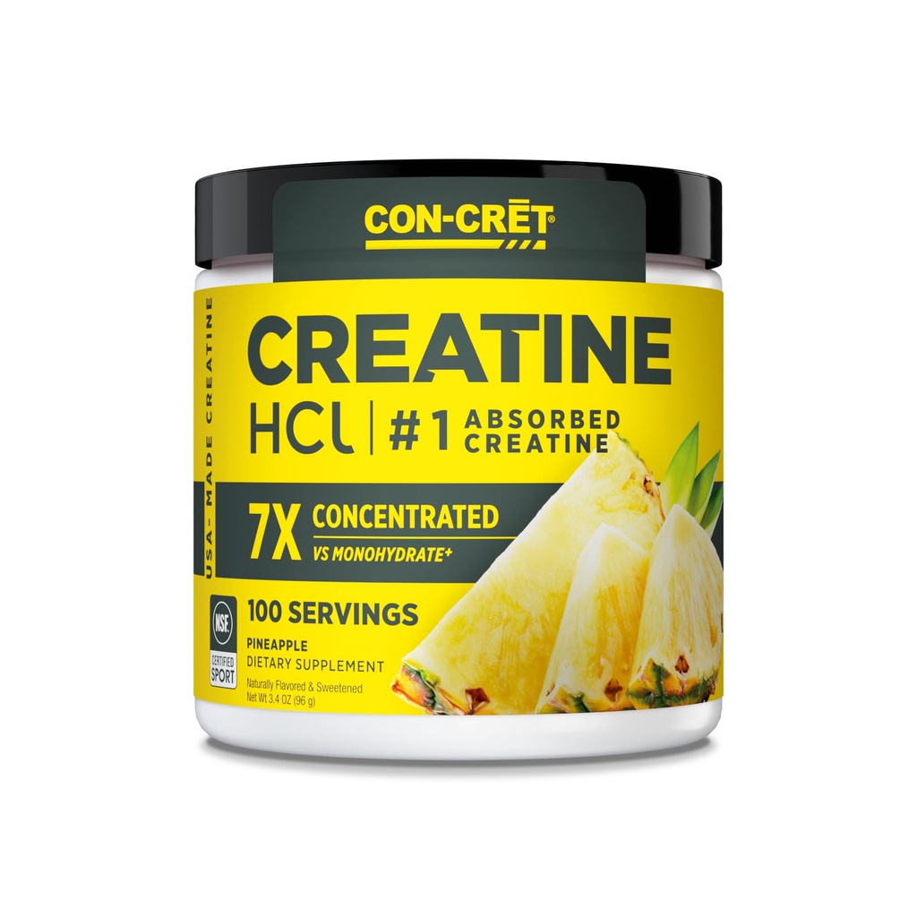 CON-CRET Creatine HCl Powder | Muskel, kognitiv, cellulär energistöd | Inget uppblåst eller kramper | USA Made & NSF Certified | Pineapple (100 servering)