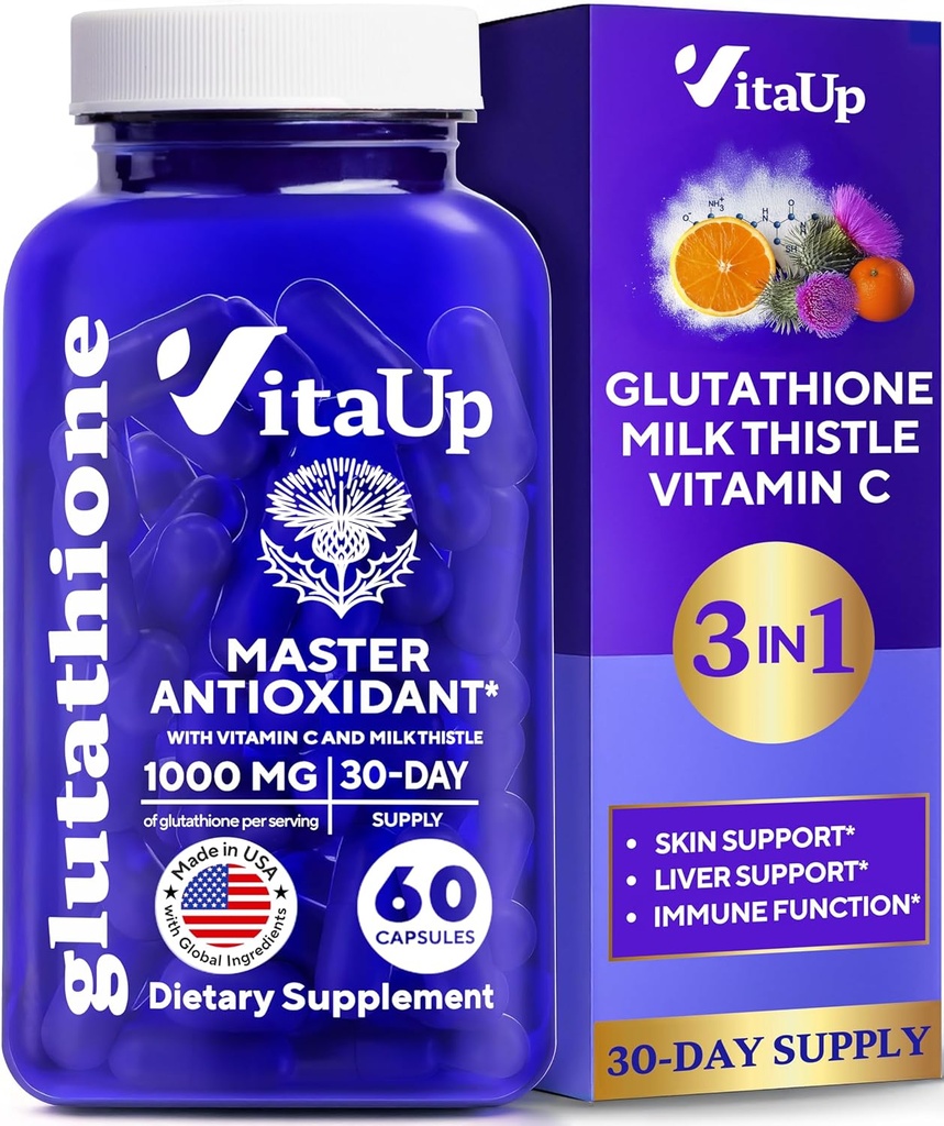 Reduced Glutathione Supplement 1000mg - USA Made Glutathione Capsules with Vitamin C & Milk Thistle for Liver Care, Skin Support & Immune Well-Being - 60 Count