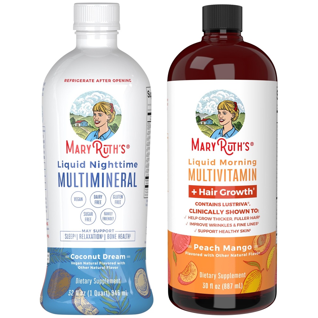MaryRuths Nighttime Multimineral (Coconut, 32oz) & Multivitamin Liquid + Hair Growth (Peach Mango, 30oz) | Clean Label Project Verified® | Bedtime Routine & Beauty | Sugar-Free, Vegan, Gluten-Free