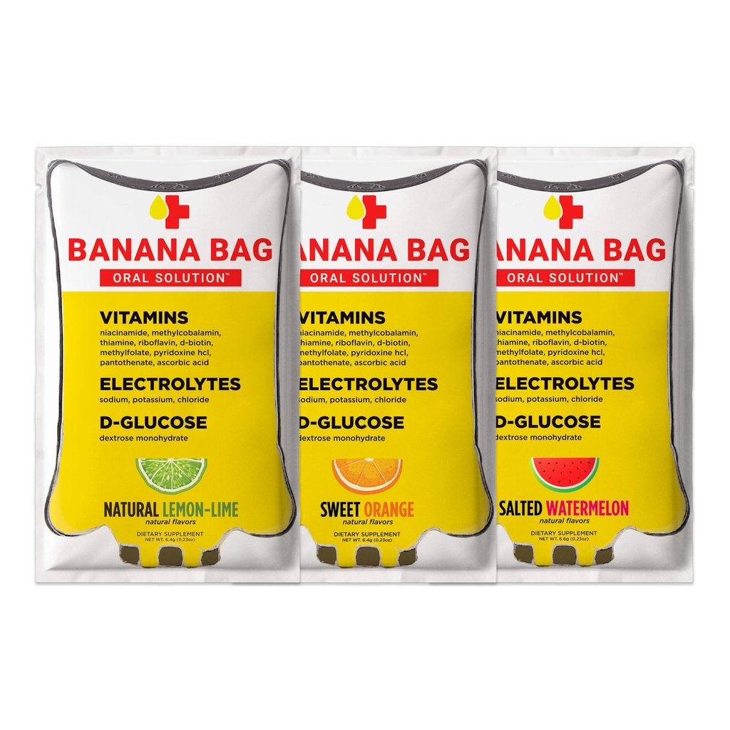 Banana Bag Oral Solution Packets - Variety Pack 6pk | En uppfriskande blandning av elektrolyter, vitamin C och B-Complex | Tillverkad för Hydration och en daglig ökning när som helst - hemma, arbete eller på Go