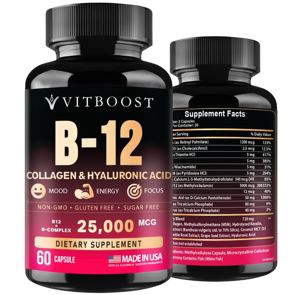 B12 med Hyaluronic Acid, Collagen och Folate - 25000 mcg B12 Complex | Maximera Absorption & Energy | Gluten Free USA Made, B1, B2, B3, B6, B7, B12 Vitamins 5000 mcg Methylcobalamin - 60 kapslar