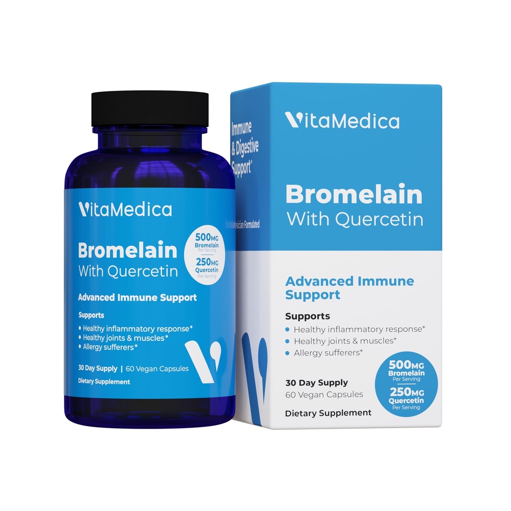 VitaMedica Bromelain & Quercetin Supplement - 500mg Bromelain 250mg Quercetin - 2400 GDU för immunitet, gemensamt stöd, inflammation och muskelåterhämtning - 60 Vegan kapslar - 30 portioner