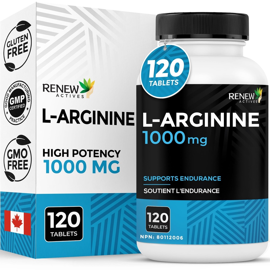 Renew Actives L-Arginine Supplement 1000MG för servering - styrka och uthållighet, väsentlig för proteinsyntes och muskelfunktion, fysisk prestationsbooster - Made in Canada - 120 tabletter