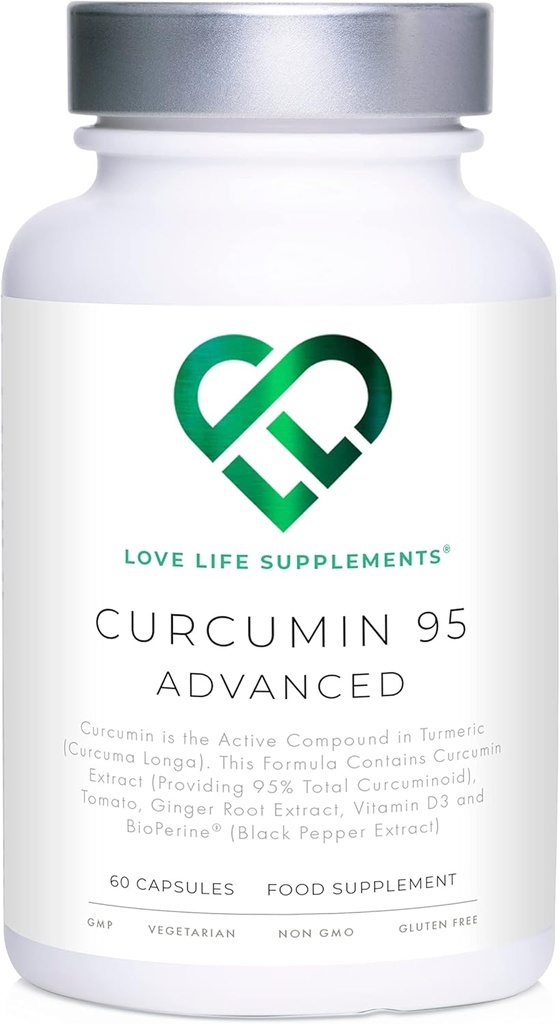 Curcumin 95 Advanced, 60 Capsules, High Strength Curcumin (The Active Component of Turmeric) med 95% Curcuminoids + BioPerine® (Black Pepper Extract), Vitamin D, Tomato och Ginger Root, GMP godkänd