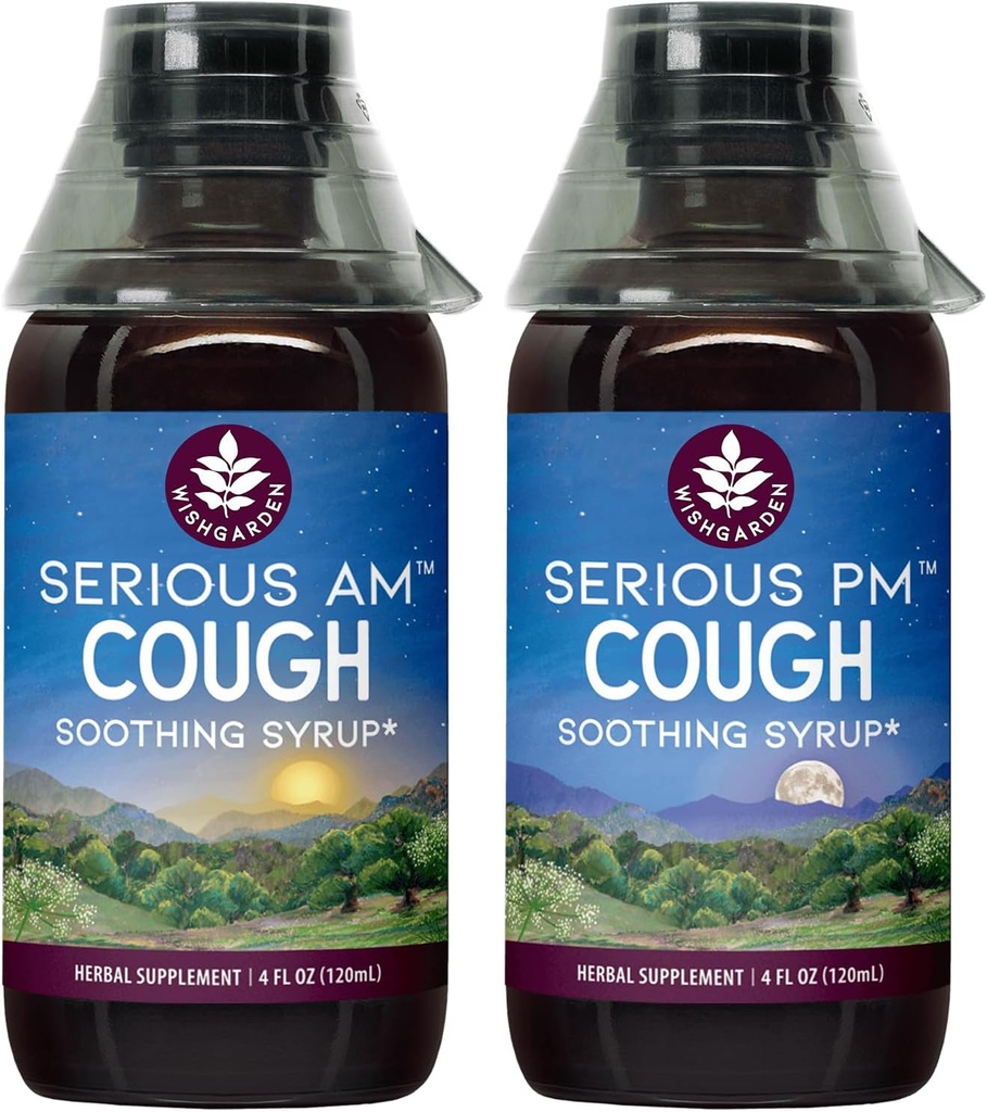 WishGarden Herbs Serious Cough AM & PM Syrup - Allvarlig AM Non-Drowsy Cough Syrup + Allvarlig PM Cough Syrup stödjer Restful Sleep medan du lämnar torr eller våt hosta, 4oz Bundle