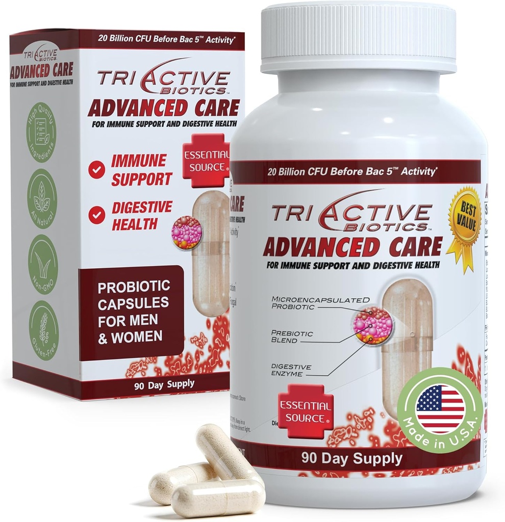 Essential Source TriActive Biotics Advanced Care - 20 miljarder CFU Probiotics for Digestive Health, Immune Support Supplement, Microencapsulated Probiotics for Women & Men, 90 Ct Capsules