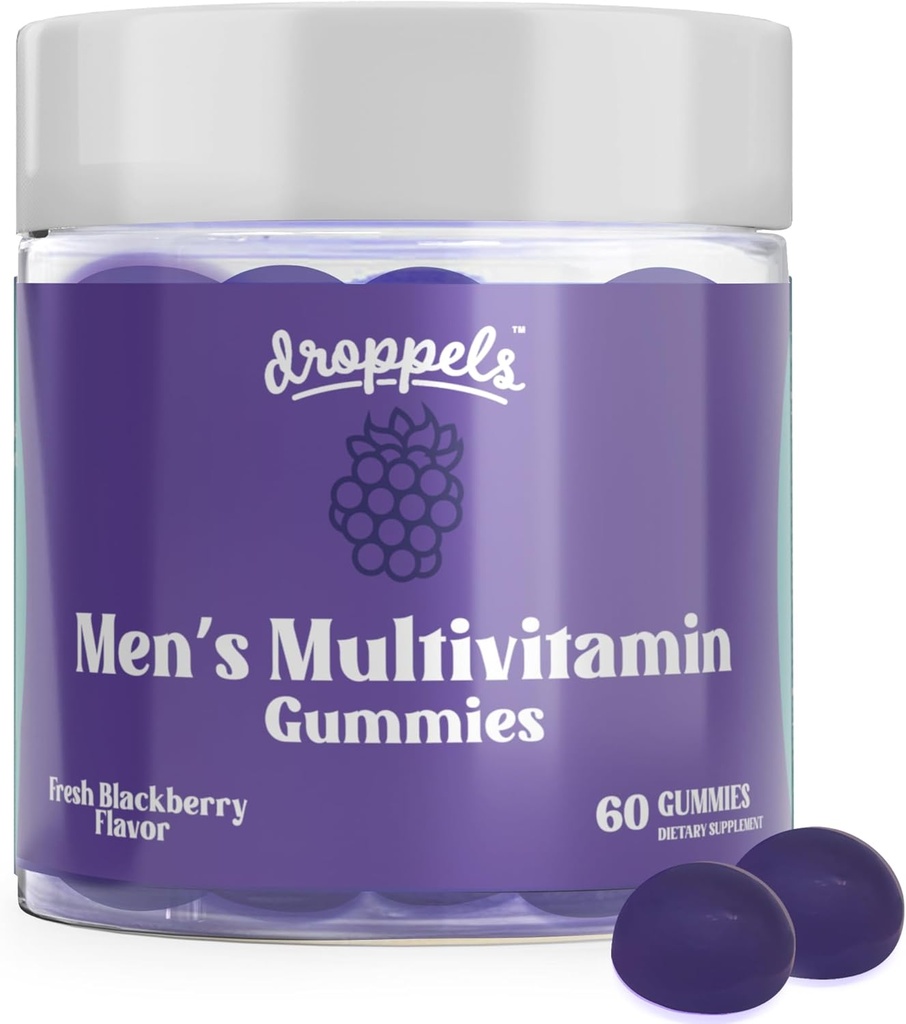 Droppels Mäns Multivitamin Gummies med folsyra, vitamin A, D, C, E, K, B6, B12, Biotin & More | Vegan, Non-GMO & Pectin-Based | Färsk BlackBerry Flavor, 60 Count