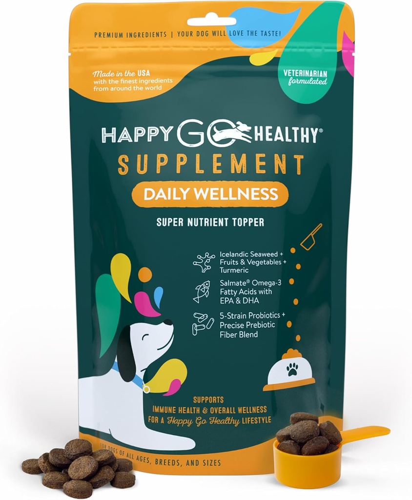 Dagliga Wellness kosttillskott för hundar | Probiotiska och prebiotiska fördelar med fiskolja och tång för att hålla din hund strålning hela dagen lång | Alla raser och storlekar | 60 greve