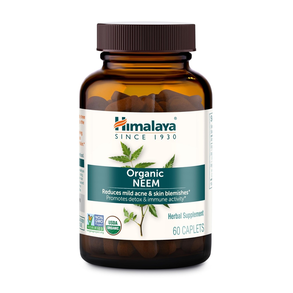 Himalaya Organic Neem, 60 Day Supply - Herbal Acne Supplements Supporting Clear Skin och Detox - USDA Organic, Vegan, Non-GMO, Gluten Free, 600 mg, 60 Caplets