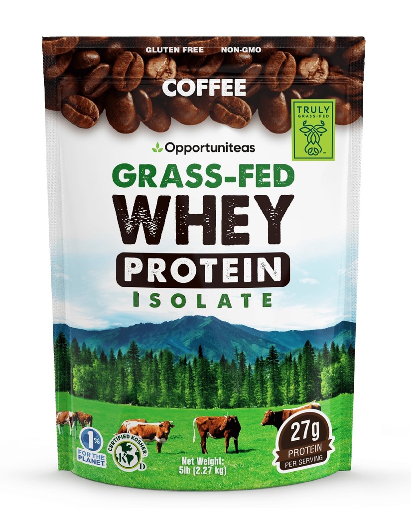 Opportuniteas Grass Fed Coffee Whey Protein Isolate Powder - 27g proteinpulver utan konstgjorda sötningsmedel, 60mg koffein, Hormonfri kor - 5lb