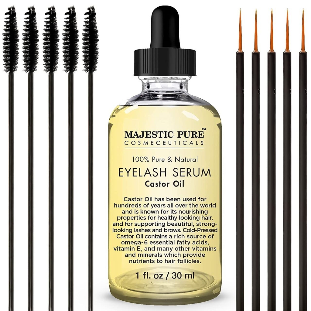 Majestic Pure Castor Oil Eyelash Serum - med Apple & Argan Stem Cells - Eyelash Growth Serum för längre tjockare Eyelashes, Eyebrows & Hair - Free Set of Mascara Brush & Eyeliner Applikator - 1 fl oz