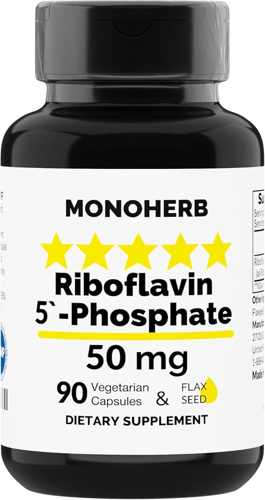 MONOHERB Riboflavin 5-fosfat 50 mg - 90 vegetariska kapslar - Bioaktiv vitamin B2 - Tillverkad i USA