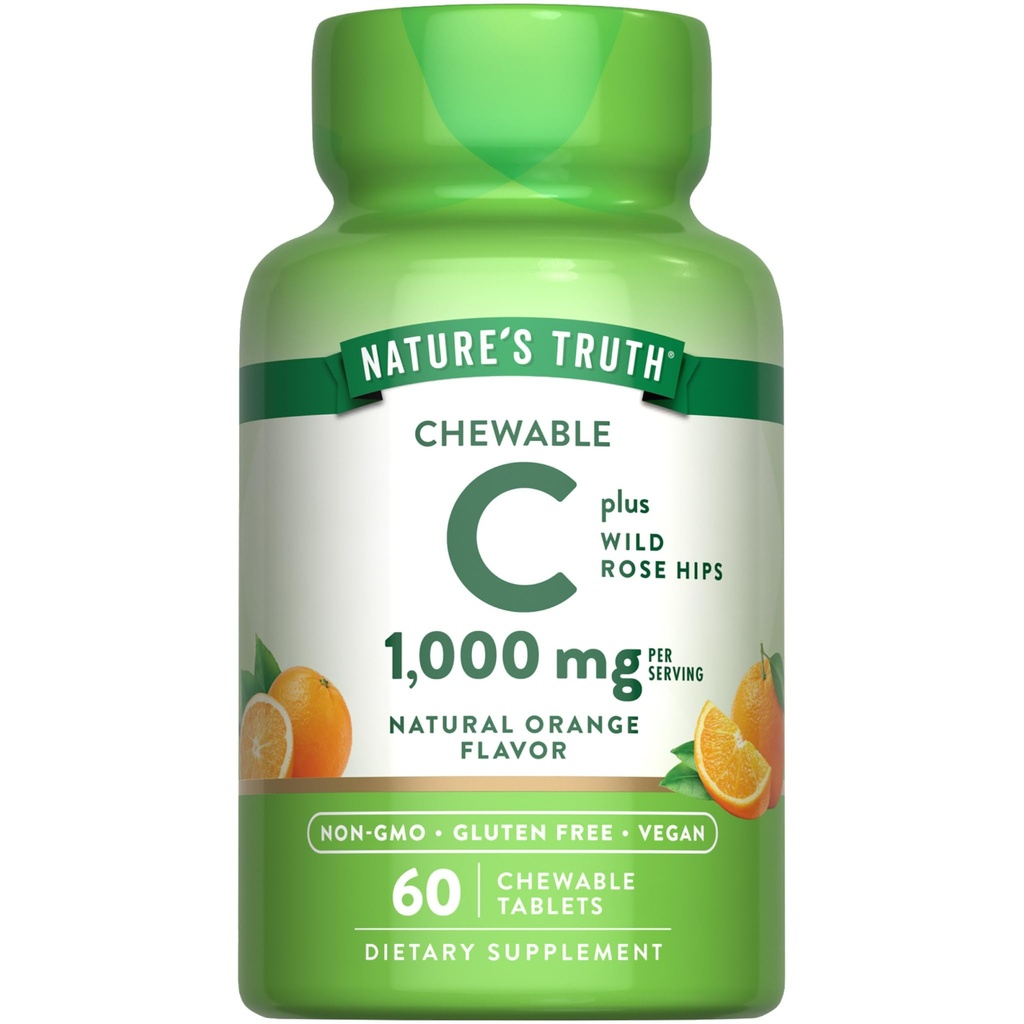 Naturens sanning tuggbar vitamin C med Rose Hips | 1000 mg | 60 tabletter | Vegan, icke-GMO & Gluten fri tillägg